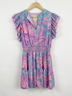 Emily McCarthy Dress Marble Swirl Pastel Smocked Waist Ruffle Sleeve L Preppy